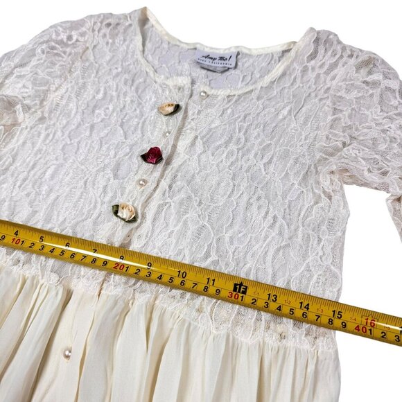 Vintage 90s Lace Midi Dress Sz.M Ivory Pleated Sheer Prairie Cottage Romantic - Picture 11 of 15